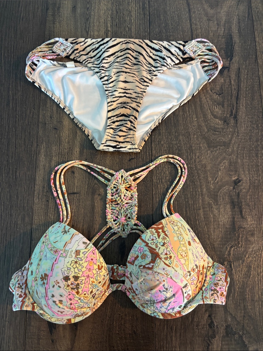 Victoria's Secret Floral Paisley Multi-Color Bikini Set with Zebra Accent